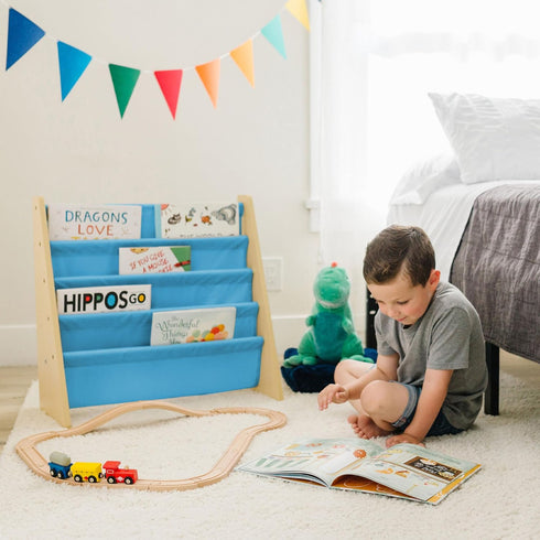 4 Wildkin Wooden Sling Bookshelf for Kids Premium Canvas Design with Fabric Shelves, Organizer for Home or Classroom