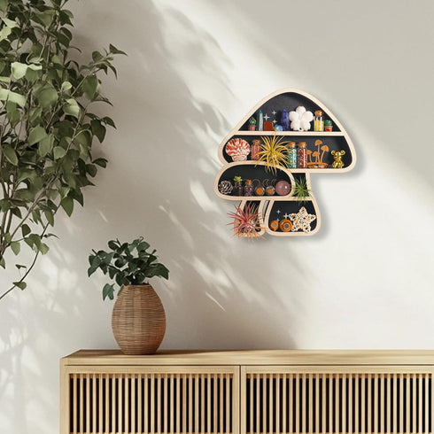 Cute Mushroom Decor, Wooden Floating Mushroom Shelf for Wall, Crystal Display Shelf Rock Gem Stone Display Shelf Wall