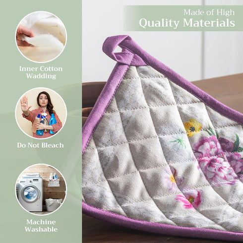 Maison d' Hermine Pot Holders Set of 2, 100% Cotton Heat Resistant Potholders 8" x 8" for BBQ, Cooking, Baking, Pivoine