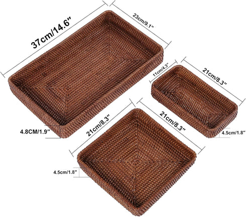 Rattan Serving Tray, Rectangular Woven Tray, Natural Wicker Decorative Baskets for Kitchen, Bathroom, Tabletop (Dark
