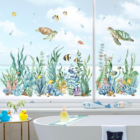 decalmile Summer Under The Sea Seaweed Double Sided Window Clings, Ocean Grass Turtle Fish Window Decals for Glass