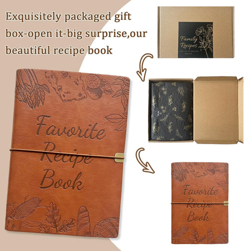 Blank Recipe Book To Write In Your Own Recipes,5.6 X 8.2 Recipe Ring Binder with PU Leather Cover,Recipe Journal with 160 Recipes (brown)