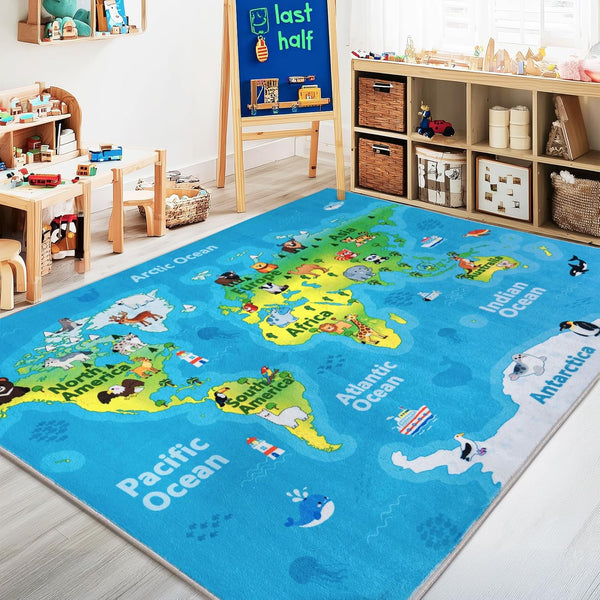 Kids Playroom Rug, 4x5ft World Map Play Mat with Cute Animals, Washable