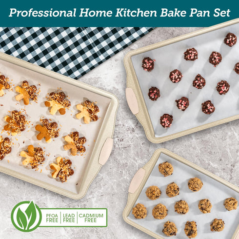 BAKKEN Deluxe Nonstick White Marble Baking Pans - 3-Piece Carbon Steel Bakeware Set