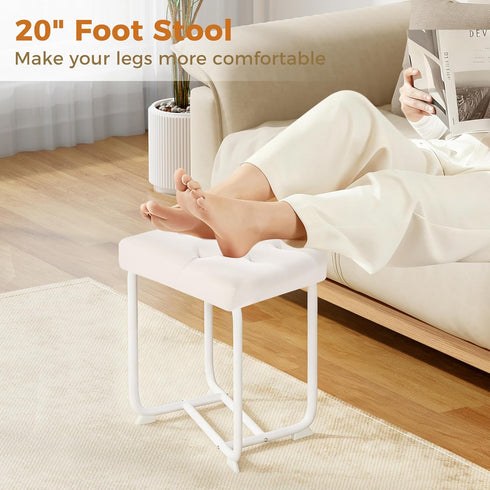 KFD01W BEWISHOME White Vanity Chair, Leather Vanity Stool, Small Stool Chair for Vanity, Square Ottoman Foot Stool