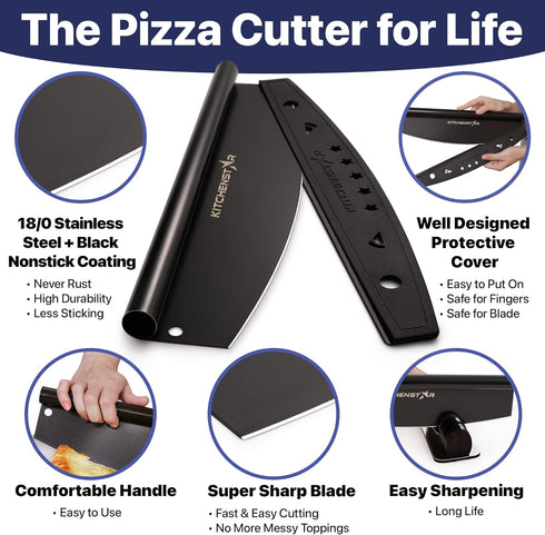 KitchenStar 16-Inch Pizza Cutter Rocker Blade - Sharp Stainless Steel Slicer Knife, Large Black Nonstick