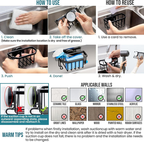 TAILI Sink Caddy with Strong Suction Cup, Sponge Holder for Kitchen Sink Organizer, Removable Sponge Caddy Inside Sink