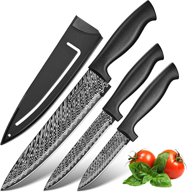 3 Pcs Kitchen Knife Set with Cover - Black Stainless Steel Knives Set for Cooking, Sharp Cutting Knives