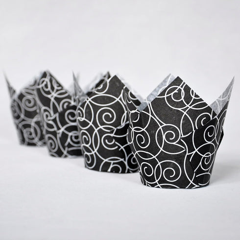 Muffin Greaseproof Paper Baking Cups, 2" x 3-1/2" Black Fancy Floral Print Tulip Baking Cup Case of 125 pcs