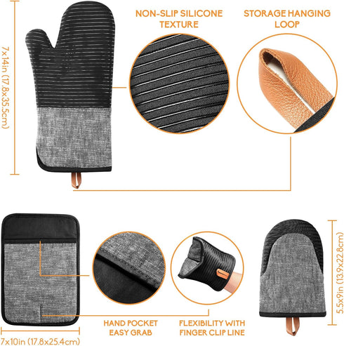 Kitchen Oven Mitts 4pcs Set- Non-Slip Cotton Oven Mitt & Pot Holders – Heat Resistant, Durable & Machine-Washable -One Long Mit, Two Mini Oven Mitts & One Pot Holder (Black) by TIPTAP