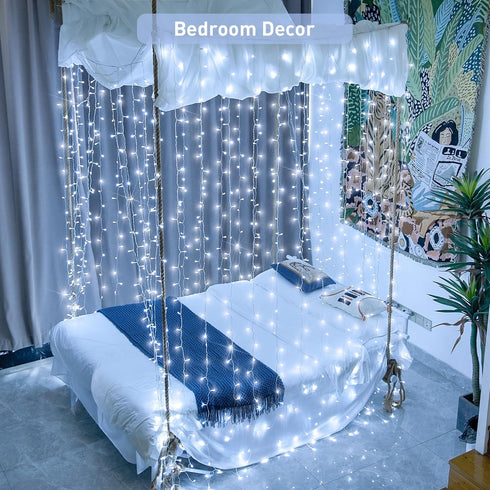 300 9.8x9.8Ft 8 JMEXSUSS LED Curtain Lights Indoor with Remote, White Christmas Lights Plug in, Modes White String