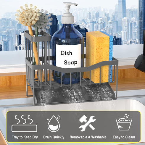 Fssvcd Maifan Sink Caddy Sponge Holder for Kitchen with Brush Holder and Stainless Steel Self Drain Tray, Rustproof