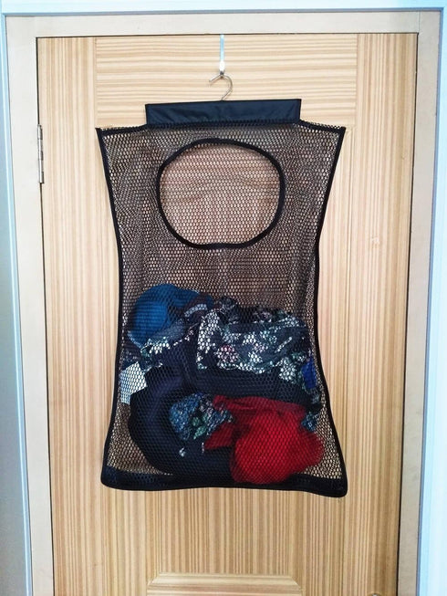 Breathable Mesh Laundry Hamper, Foldable Hanging Storage Basket, Portable Space Saving Bag (Black)