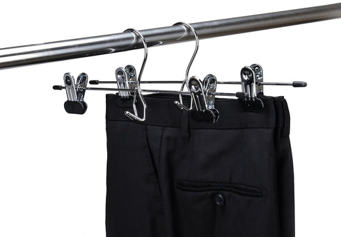 6 Quality Heavy Duty Pants Hangers, Extra Wide Adjustable Clips, Multi Stackable Add on Hangers, Chrome