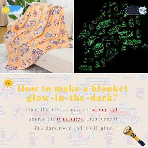 50"x60" Toddler Blankets for Boys, Glow in The Dark Fire Truck Throw with Tractor, Excavator Construction Toys