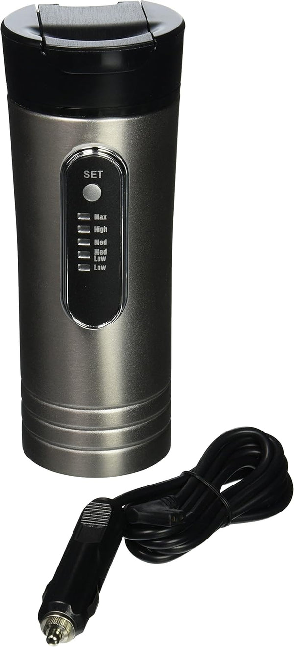 RoadPro RP0719 12-Volt Premium Heated Travel Mug, 15oz, Silver and Black