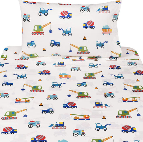 J-pinno 100% 3 Set Set Build Construction Engineering Vehicle Cars Trucks Crane Digger Cartoon Cotton Twin Pieces Sheet