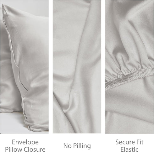 Threadmill 3 Piece Twin Sheets Set for Bed, Rayon Bamboo Cooling Bed Sheets Light Grey - 15 Inch Deep Pocket