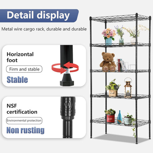 FDW 5 Tier Pantry Shelves, Adjustable Storage Rack Metal Shelf NSF Units for Kitchen, Garage, Small Places, Black