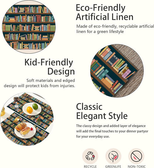 Set 6,Library 12x18 Inch Bookshelf Placemats of Book Place Mats Heat Resistant Washable Non-Slip Table Mats for Party