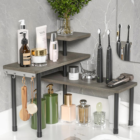 ZHWS Adjustable 3 Tier Kitchen Countertop Organizer, Rustic Grey Bathroom Counter Organizer with 4 Metal Hooks