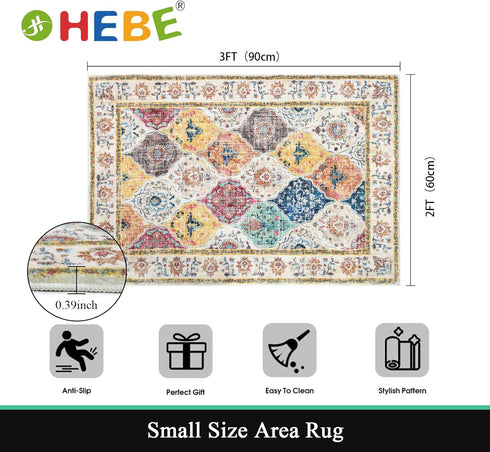 HEBE Washable Area Rug 2'x3', Non Slip Soft Distressed Medallion Bedroom Rug, Boho Living Room Accent Throw Rug