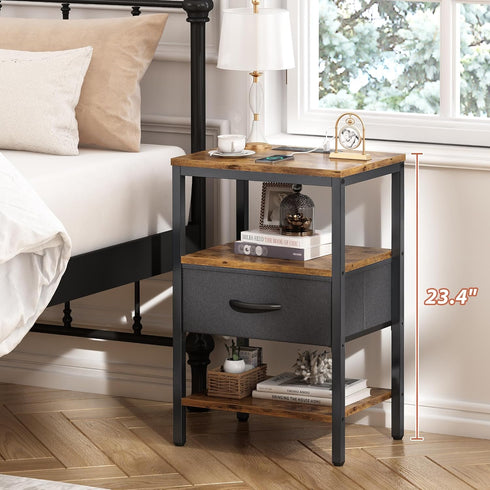 3-Tier SUPERJARE Nightstand with Charging Station, Bed Side Table with Adjustable Fabric Drawer, Night Stand