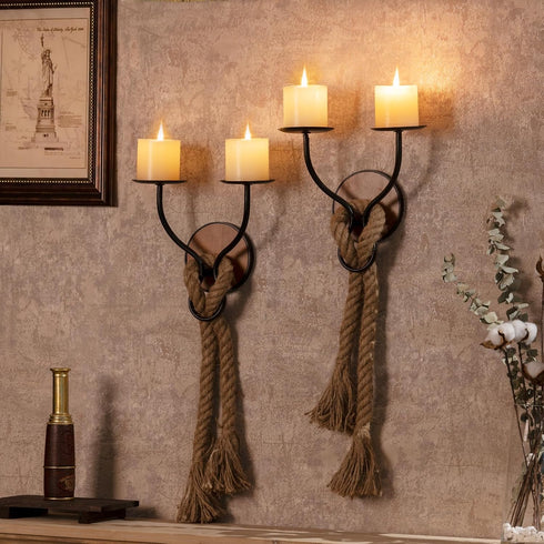 Set 2 Aimto Wall Sconce Candle Holder Wall-Mount Metal and Wooden Candle Holders Hanging Iron Wall Candle Sconce Holder