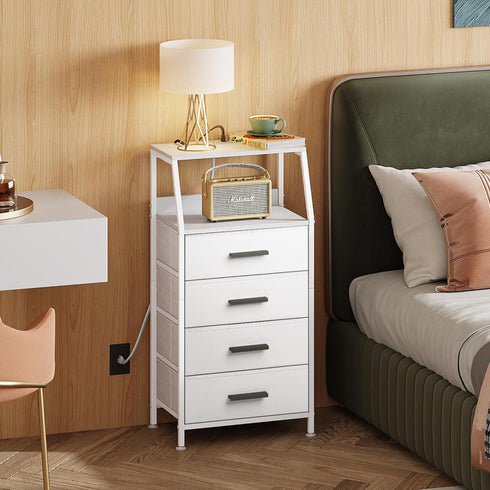 4 Nightstand Drawer Dresser with Charging Station, Side Table with Fabric Drawers, End Table with Open Shelf, Bedside