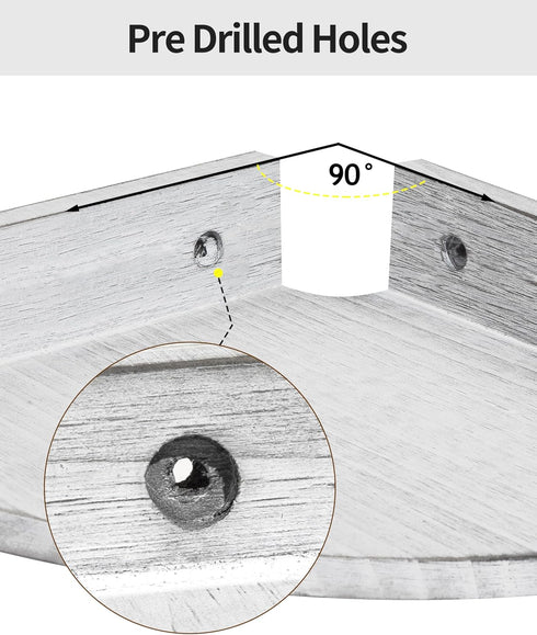 9.68x9.68 Inch Corner Shelves Wall Mount, Rustic Natural Wood Corner Floating Shelf, Distressed White Storage Organizer