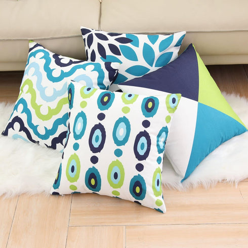 Decorative Green Blue Abstract Throw Pillow Covers 16x16 Inch, Set of 4 Geometric Cotton Linen Cushion Covers
