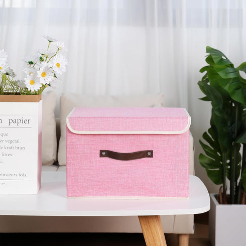 ANMINY Storage Bin with Lid, Decorative Foldable Lidded Cotton Linen Fabric Home Cubes Baskets Closet Organizer - Pink,