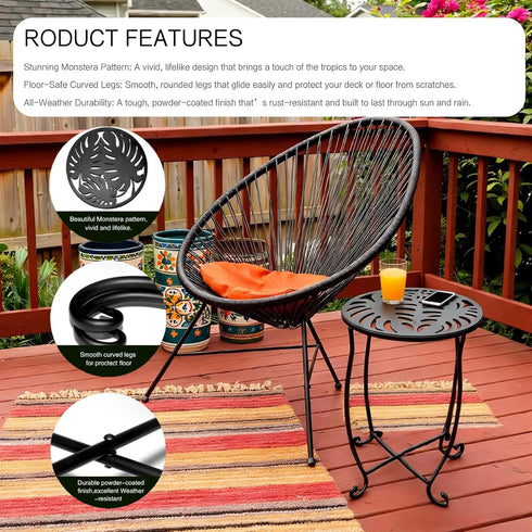 Kaesithar 2 Pack, 15" Outdoor Side Tables Height Tool-Free Metal Patio End Table with Monstera Pattern, Compact Space