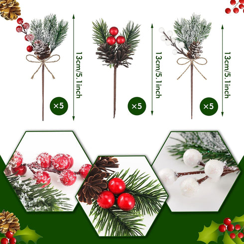 Yunlly 60 Pcs Christmas Artificial Green Pine Needles, Christmas Floral Picks Artificial Holly Red Berry Twig Stem Pine