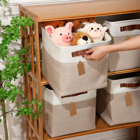 Uiifan 8 Pack Fabric Storage Baskets with Handles, Linen Decorative Storage Containers for Shelves, Beige