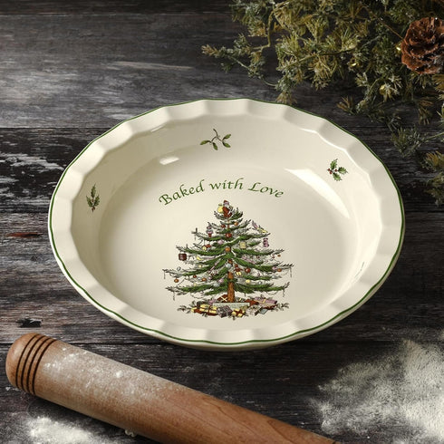 Spode Christmas Tree 10-Inch Pie Dish - Round Baking Dish for Holiday Desserts, Dishwasher, Microwave Safe
