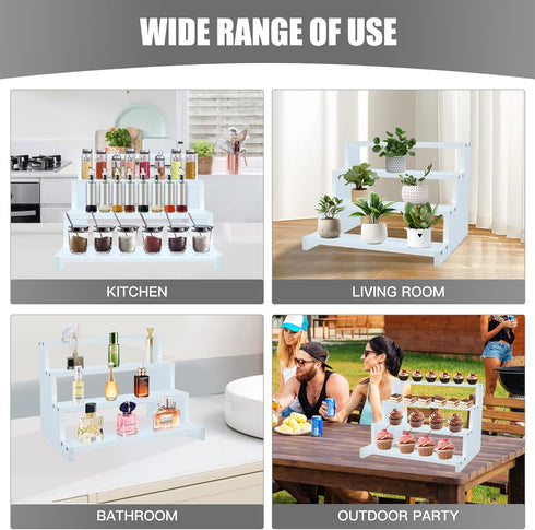 4 Countertop Tier White Wooden Display Stand Step Shelf Organizer for Perfume Skincare Desserts Cupcakes and Cosmetics