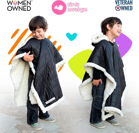 Birdy Boutique Car Seat Poncho for Kids, Reversible Warm Blanket, Safe Over Seat Belts, Black, One Size
