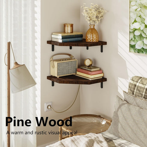 Set 2 Alsonerbay Corner Shelf Wall Mount, of Floating Corner Shelves with Cord Hole, Rustic Wood Shelves for TV