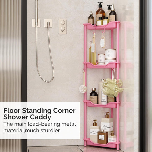 Orimade Rustproof 4 Tier Floor Standing Corner Shower Caddy Organizer, Plastic Metal Shelf Rack for Bathroom