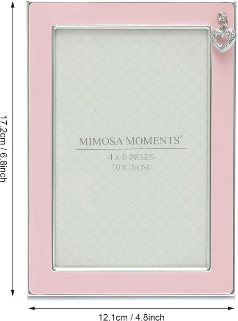 4x6 MIMOSA MOMENTS Silver Plated Baby Picture Frame, Pink Enamel & Rhinestone Heart Charm, Tabletop Frame for Baby Girl