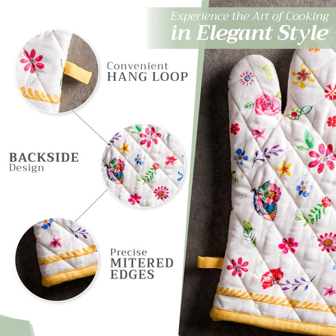 Maison d' Hermine 100% Cotton Oven Mitt & Pot Holder Set, Heat Resistant BBQ Cooking Gloves, Happy Florals
