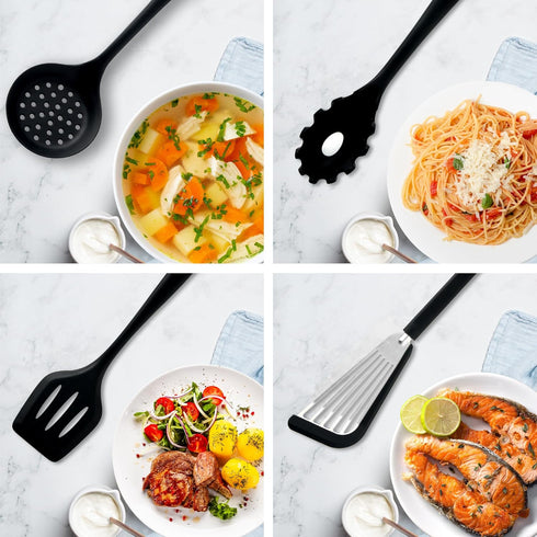 Silicone Kitchen Utensils Set, 8 PCS Heat Resistant Non-Stick Cooking Tools (Black)