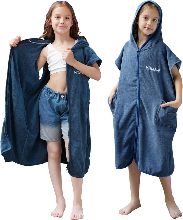 Hiturbo Kids Bath Towel Hoodie: Absorbent Quick Dry Zipper Surf Poncho -