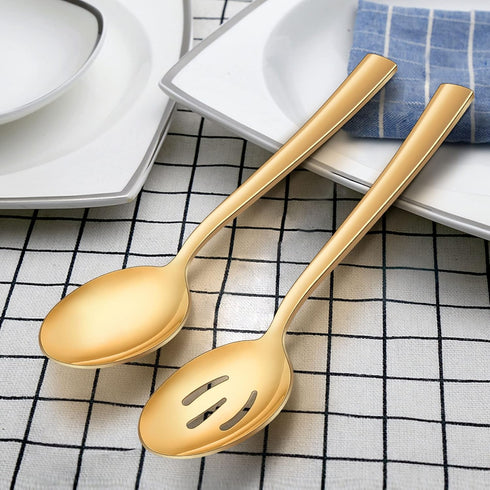 LIANYU 2 Gold Serving Spoons, 2 Gold Slotted Spoons, 2 Gold Serving Forks, 8.6 Inch Stainless Steel for Buffet Catering