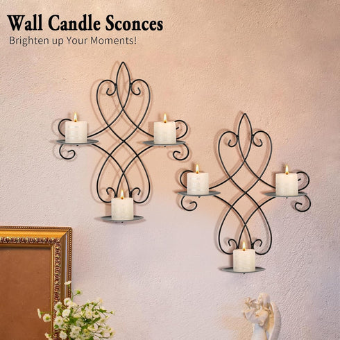 Set 2, 14.4"11.8" Wall Candle Sconce Holder of Metal Wall Sconces Decor Hanging Wall Mounted Candle Stick Holder, Black