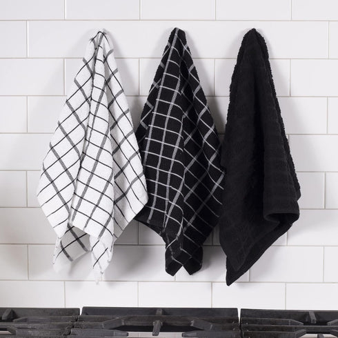 Ritz Premium 100% Cotton Terry Check Kitchen Dish Towels - 3-Pack, Highly Absorbent, 25"x15", Black