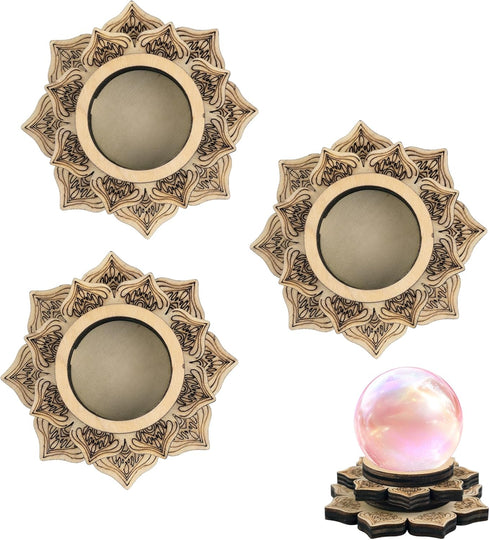 Framendino, 3 Pack Wood Crystal Ball Stand Flower Mini Sphere Display Wooden