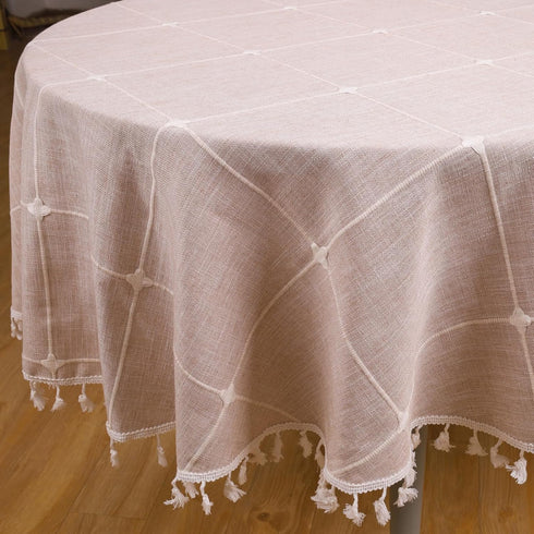 EPEDIC 52X70 Inch,Kitchen Oval Tablecloth with Embroidery Tassel Tablecloth, Coffee Color Plaid Oval Tablecloth Dining