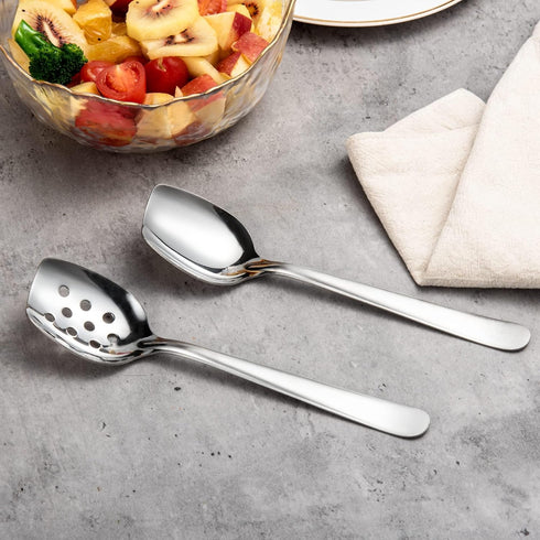 IMEEA Flat Edge Spoon - 18/8 Stainless Steel Flat Bottom Serving Spoon for Cooking, Set of 2